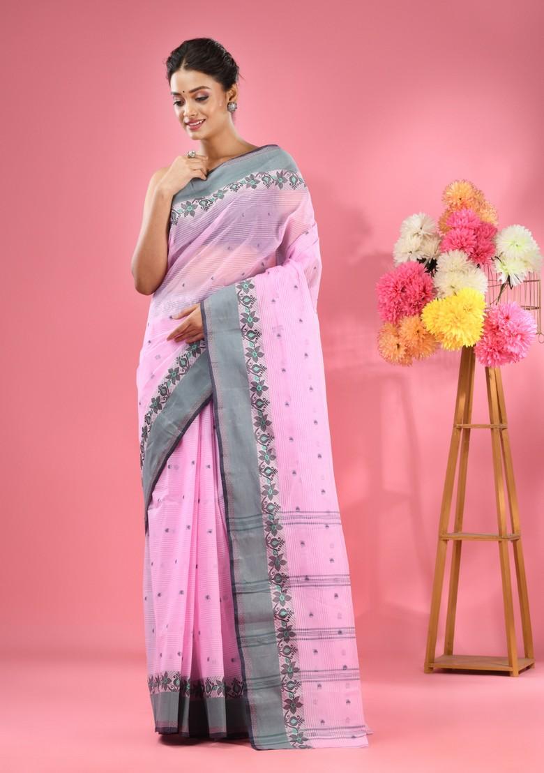 Bubblegum Pink Woven Design Pure Cotton Saree Set - Indya