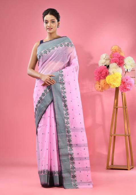 Bubblegum Pink Woven Design Pure Cotton Saree Set