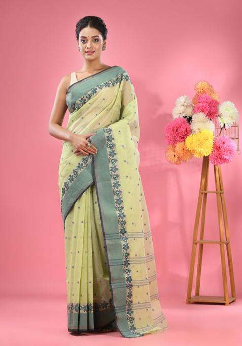 Olive Green Woven Design Pure Cotton Saree Set