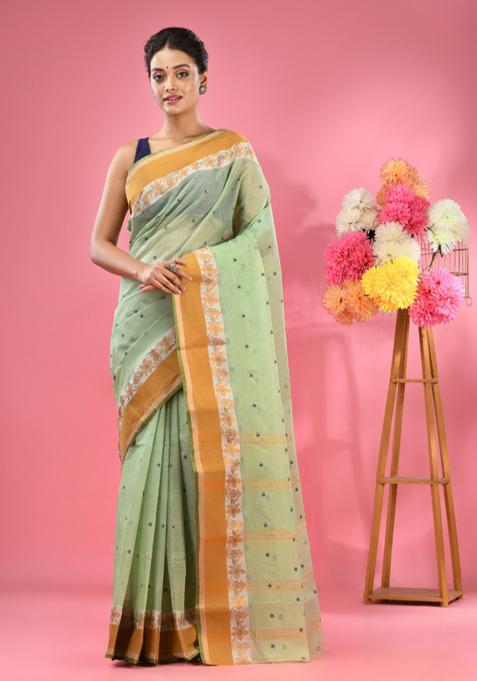 Pistachio Green Woven Design Pure Cotton Saree Set