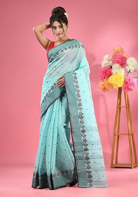 Sea Green Woven Design Pure Cotton Saree Set