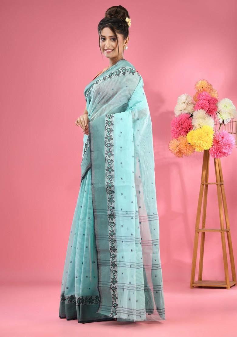 Sea Green Woven Design Pure Cotton Saree Set