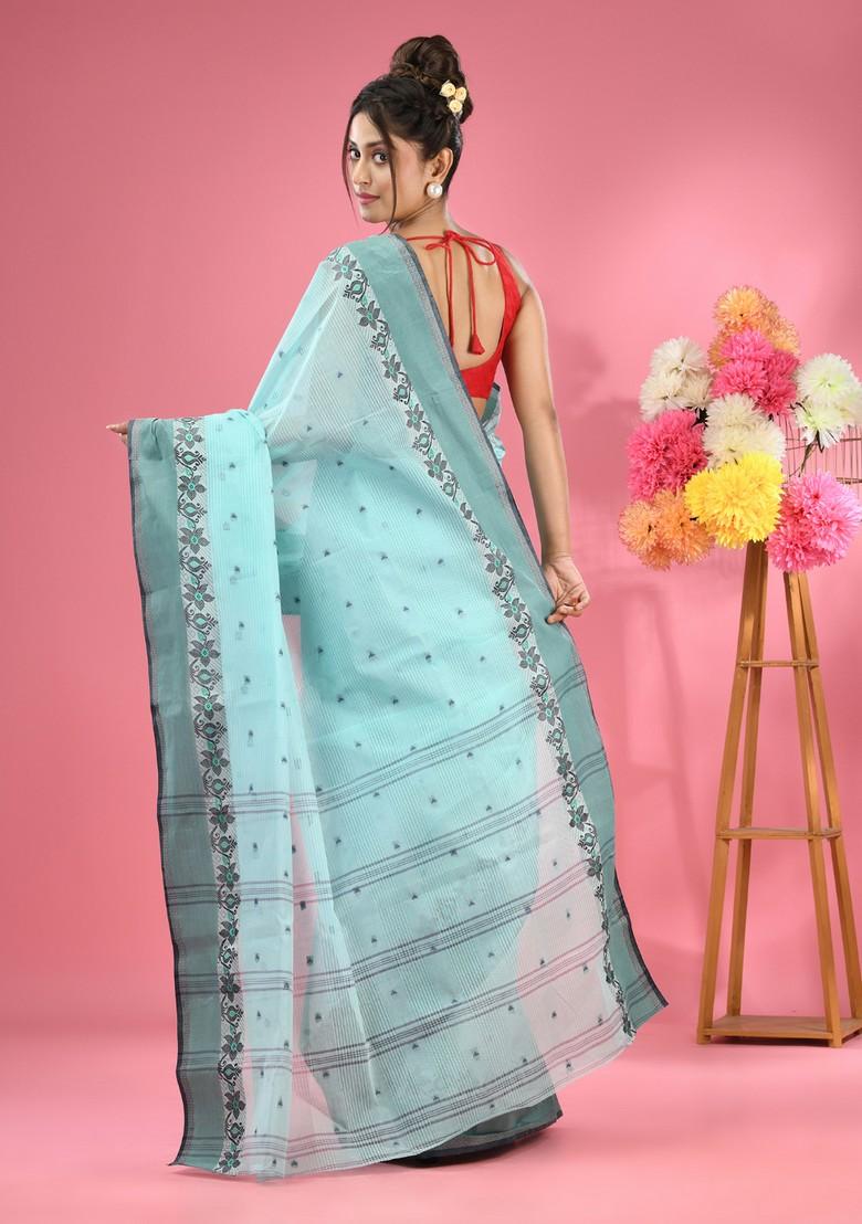 Sea Green Woven Design Pure Cotton Saree Set
