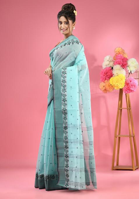 Sea Green Woven Design Pure Cotton Saree Set