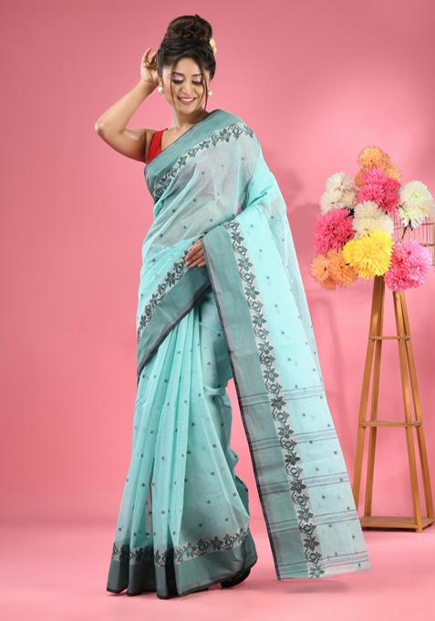 Sea Green Woven Design Pure Cotton Saree Set