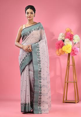 Seashell White Woven Design Pure Cotton Saree Set