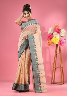 Cream Woven Design Pure Cotton Saree Set