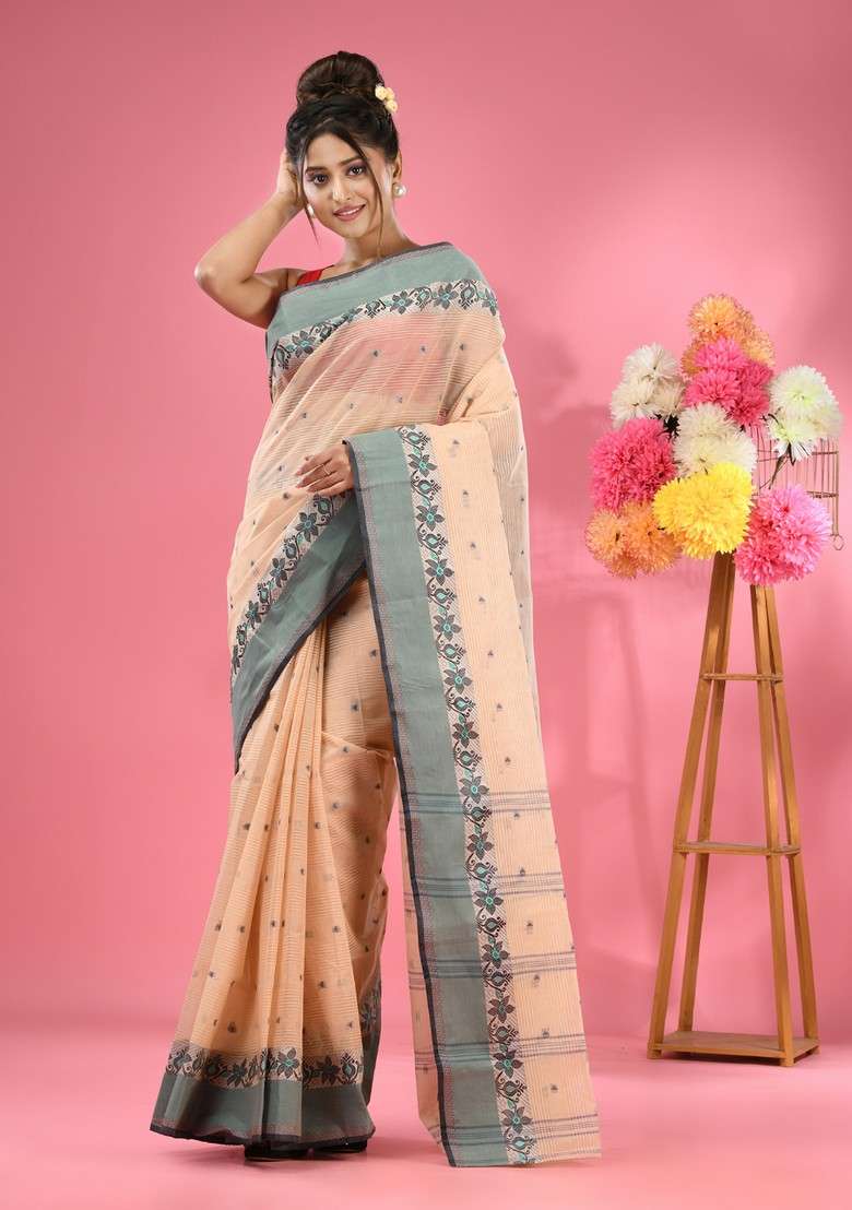 Cream Woven Design Pure Cotton Saree Set for Diwali | Wedding & Festive Wear - Indya