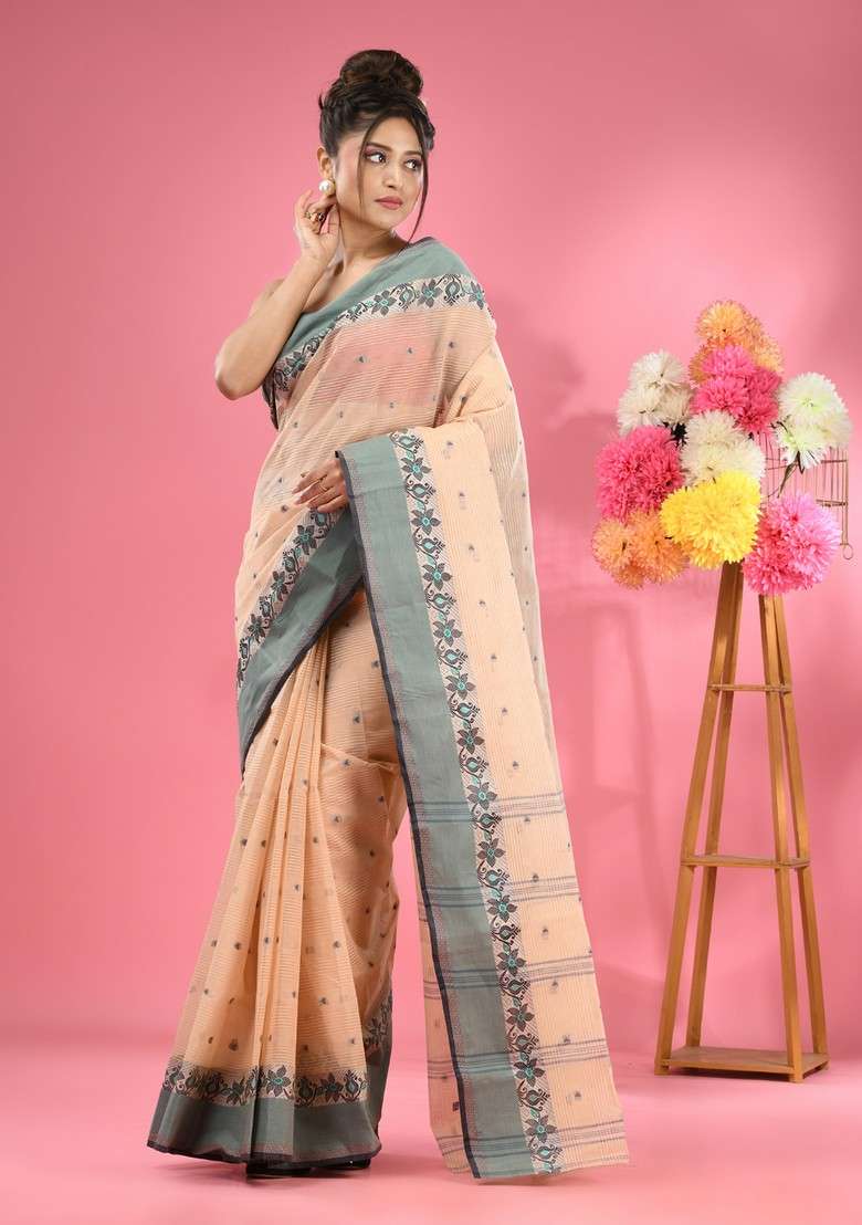 Cream Woven Design Pure Cotton Saree Set for Diwali | Wedding & Festive Wear - Indya
