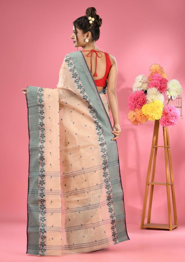 Cream Woven Design Pure Cotton Saree Set