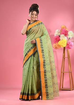 Pear Green Woven Design Pure Cotton Saree Set