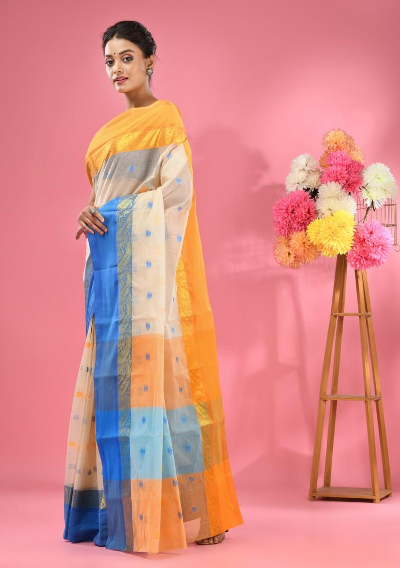 Off White Woven Design Pure Cotton Saree Set