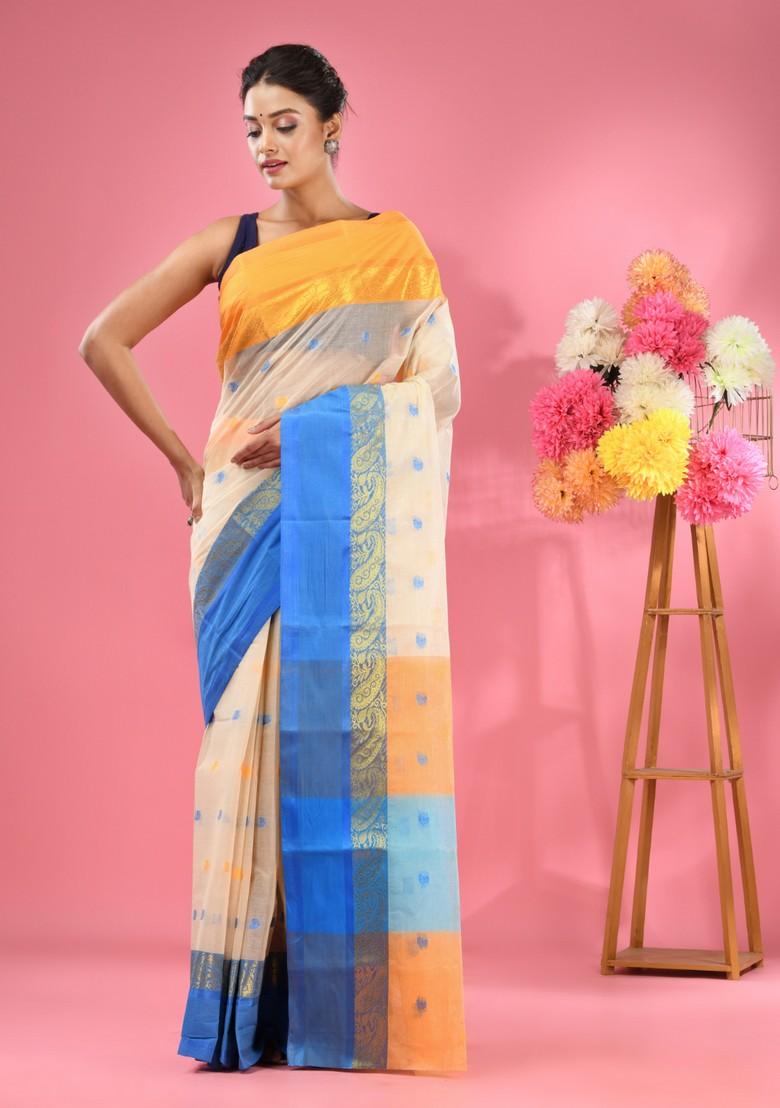 Off White Woven Design Pure Cotton Saree Set