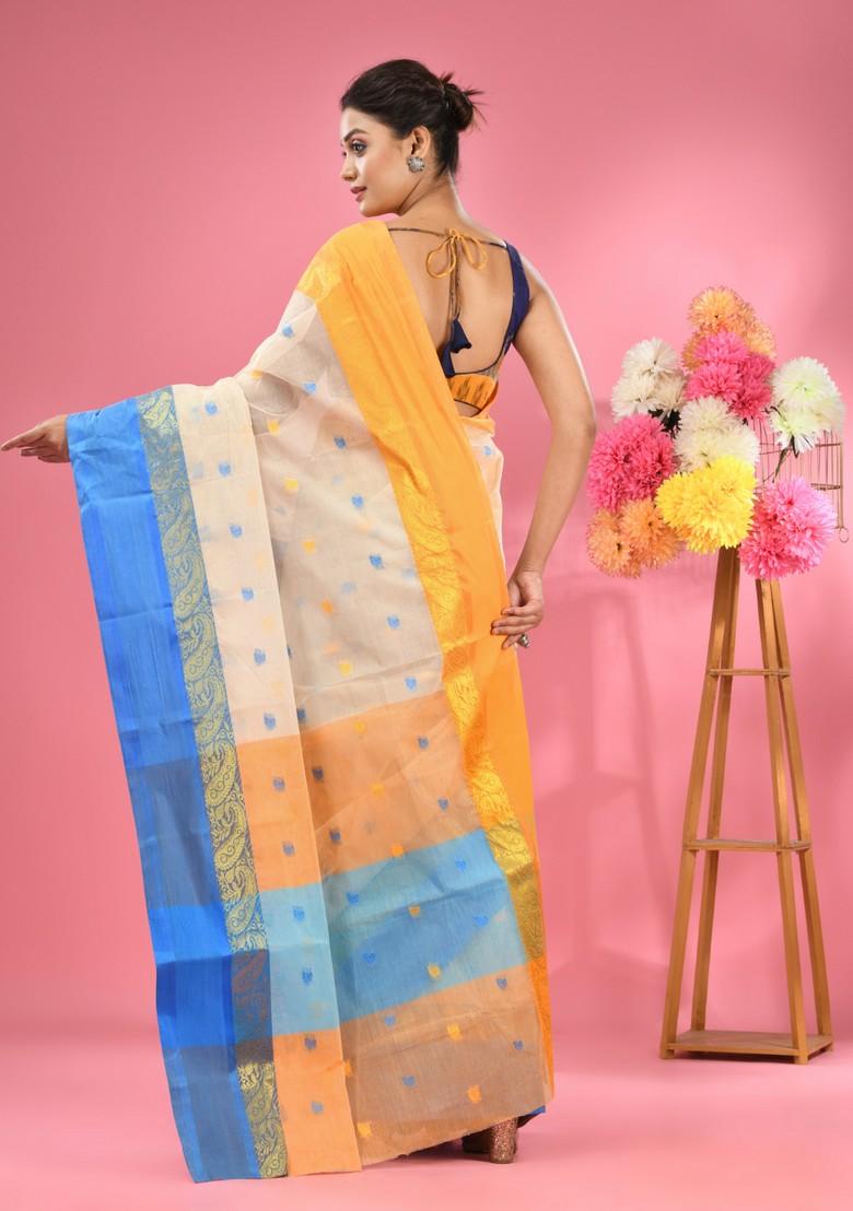 Off White Woven Design Pure Cotton Saree Set