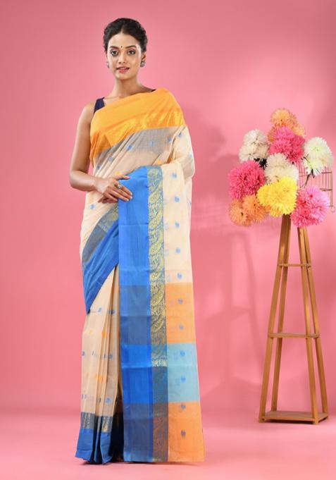 Off White Woven Design Pure Cotton Saree Set