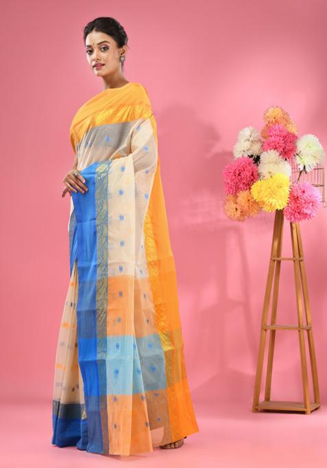 Off White Woven Design Pure Cotton Saree Set