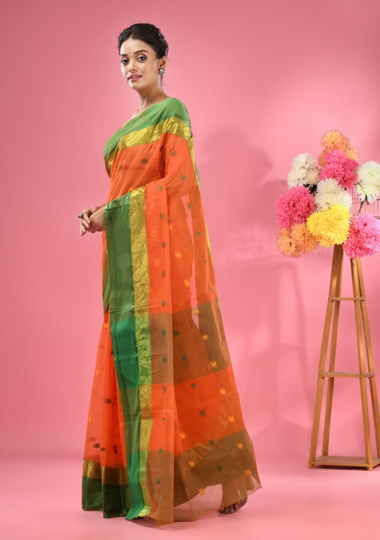 Orange Woven Design Pure Cotton Saree Set