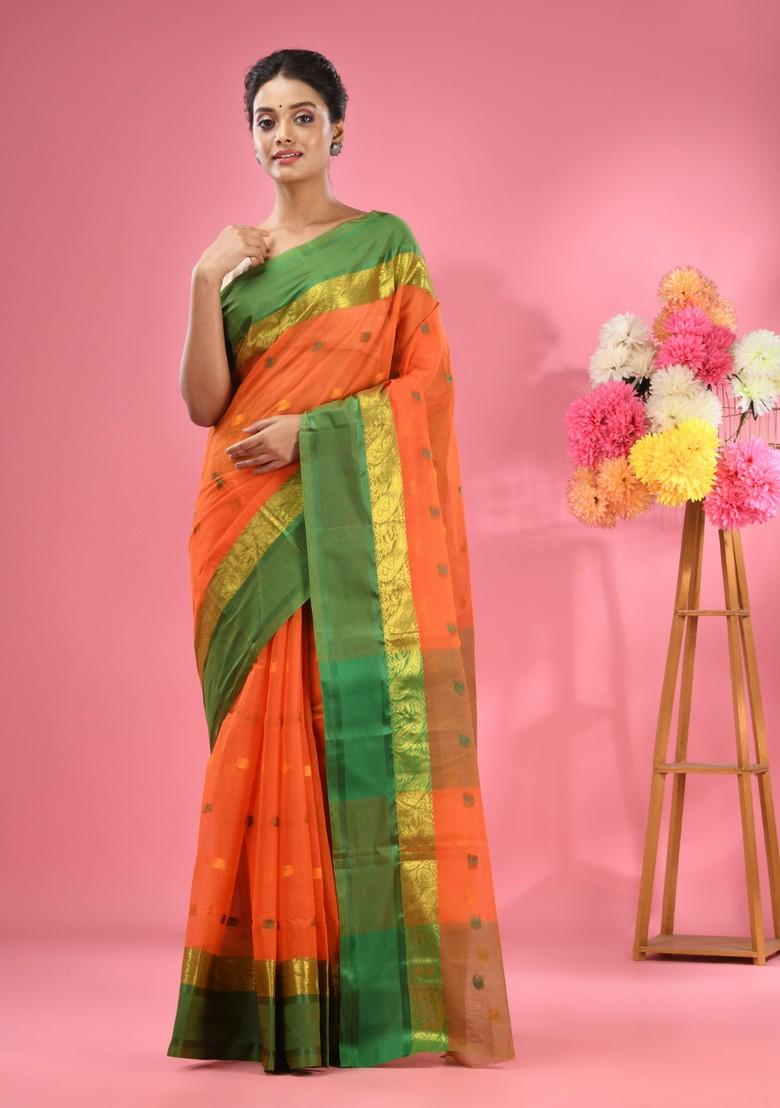 Orange Woven Design Pure Cotton Saree Set