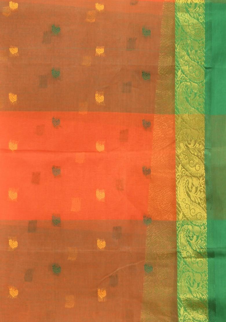 Orange Woven Design Pure Cotton Saree Set