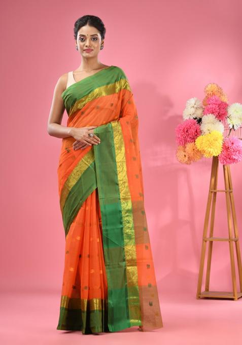 Orange Woven Design Pure Cotton Saree Set