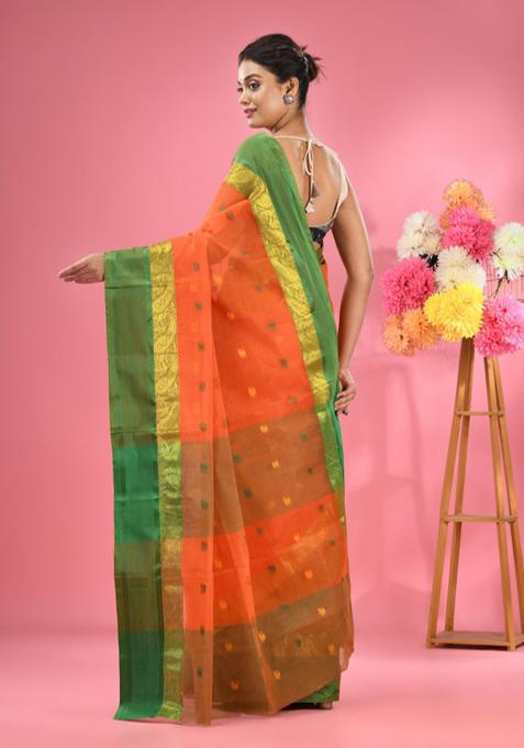 Orange Woven Design Pure Cotton Saree Set