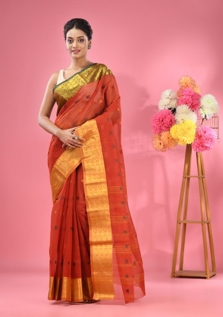 Red Zari Design Pure Cotton Saree Set