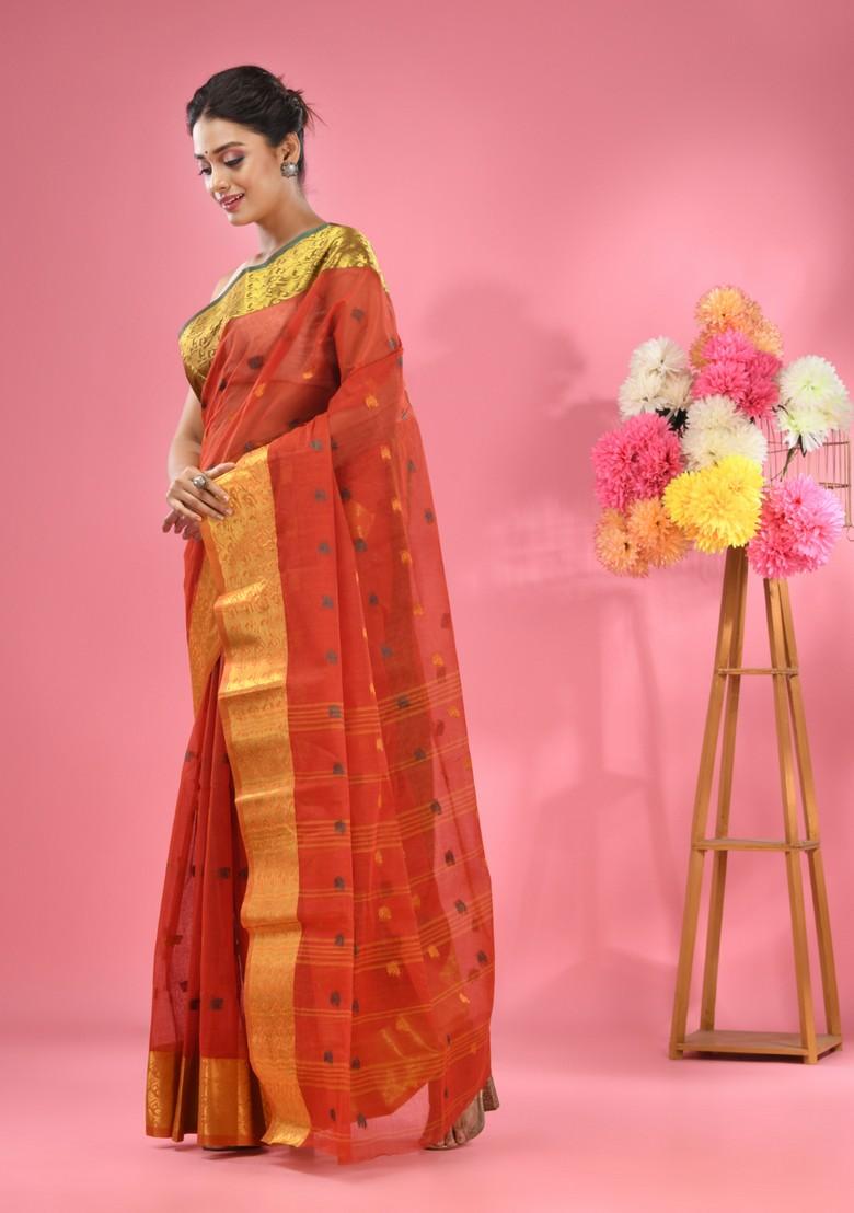 Red Zari Design Pure Cotton Saree Set