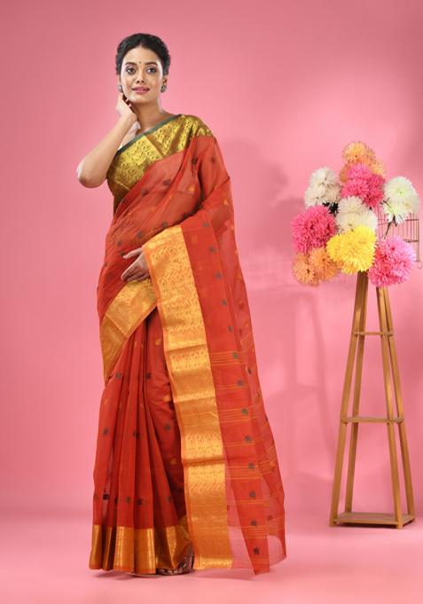Red Zari Design Pure Cotton Saree Set
