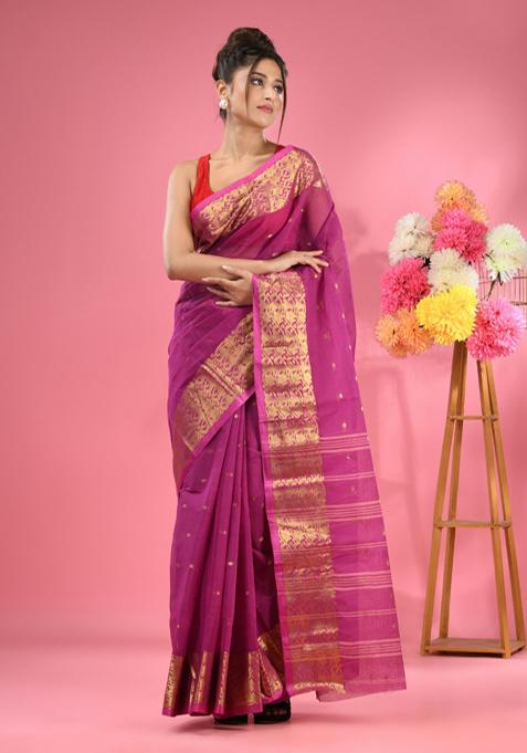 Purple Zari Design Pure Cotton Saree Set