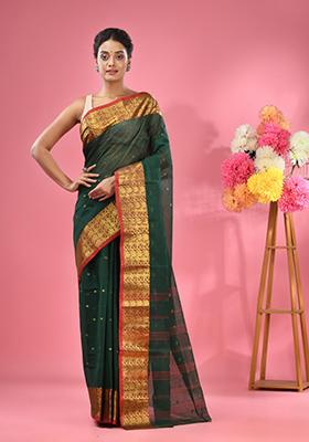 Dark Green Zari Design Pure Cotton Saree Set