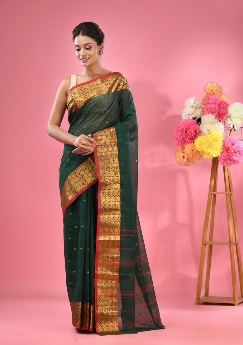 Dark Green Zari Design Pure Cotton Saree Set