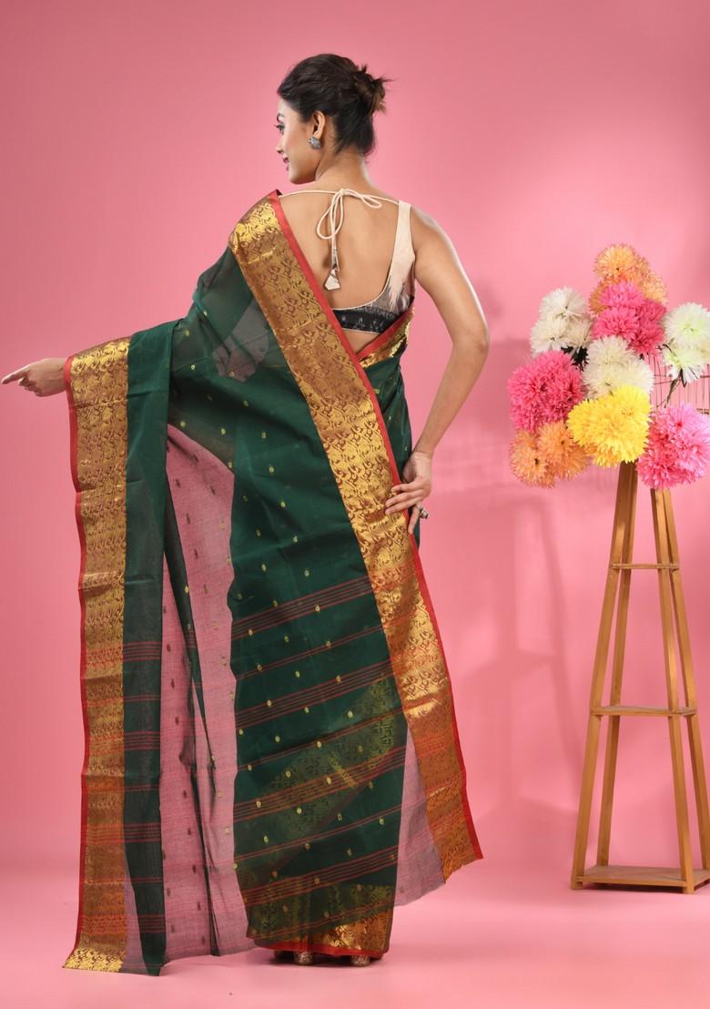 Dark Green Zari Design Pure Cotton Saree Set