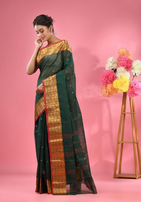 Dark Green Zari Design Pure Cotton Saree Set