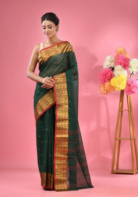 Dark Green Zari Design Pure Cotton Saree Set