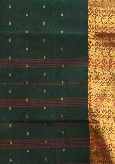 Dark Green Zari Design Pure Cotton Saree Set