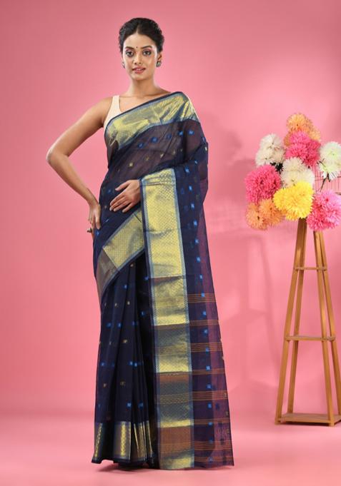 Midnight Blue Zari Design Pure Cotton Saree Set