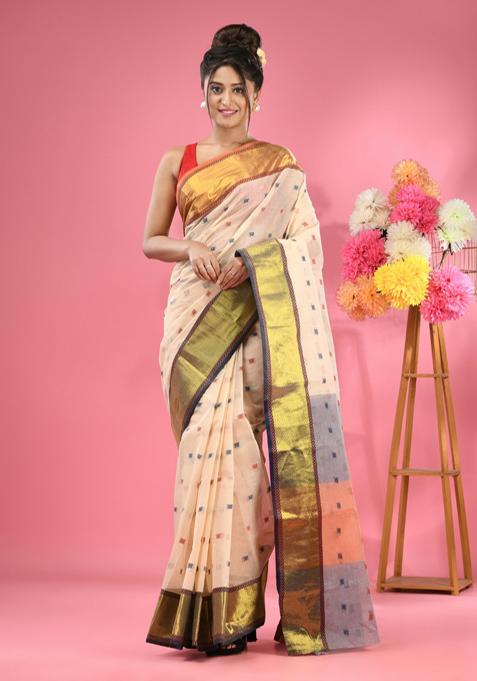 Off White Zari Design Pure Cotton Saree Set