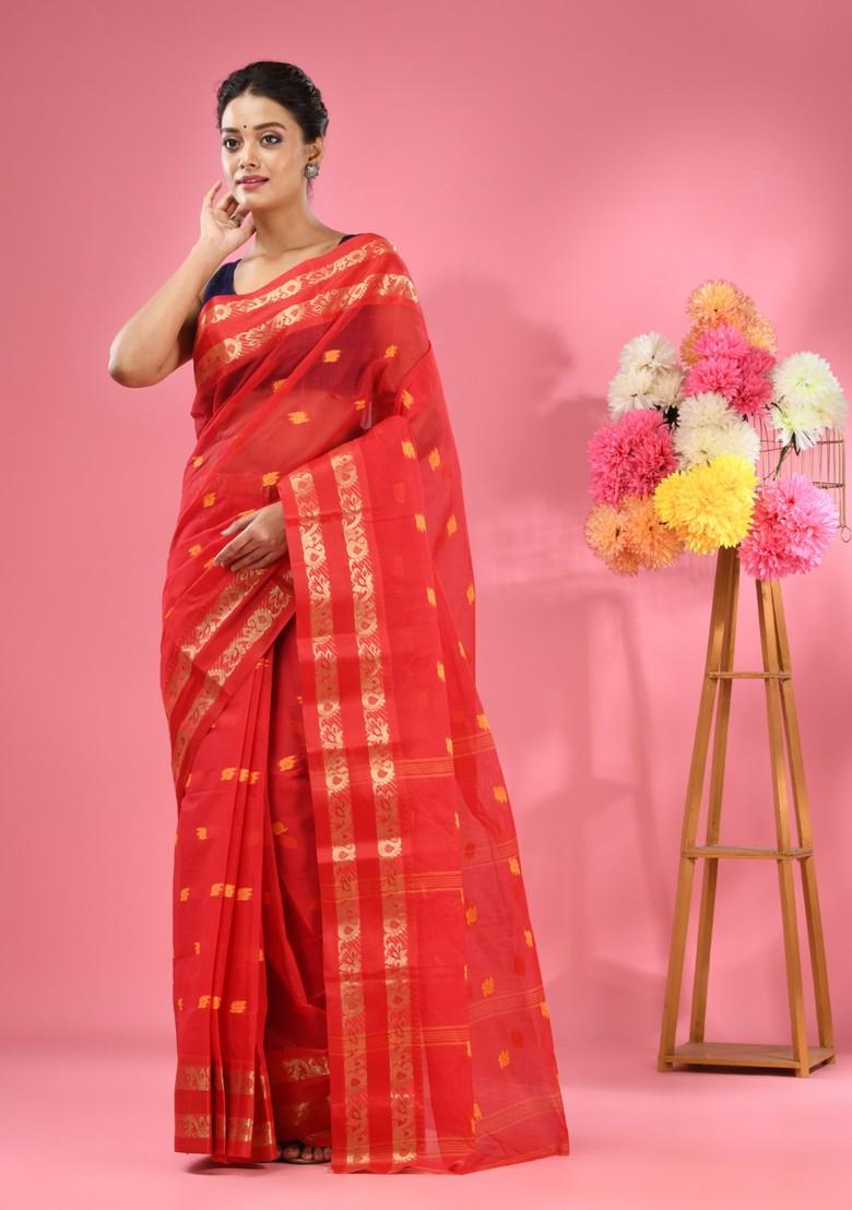Red Woven Design Pure Cotton Saree Set