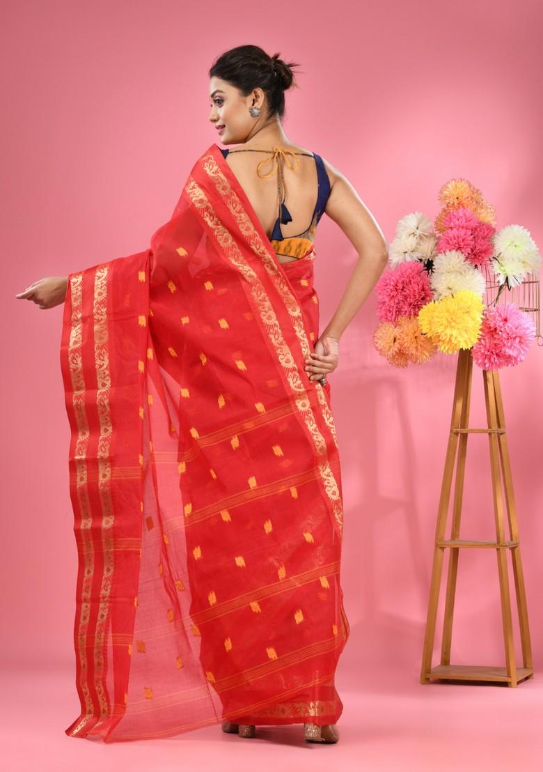 Red Woven Design Pure Cotton Saree Set