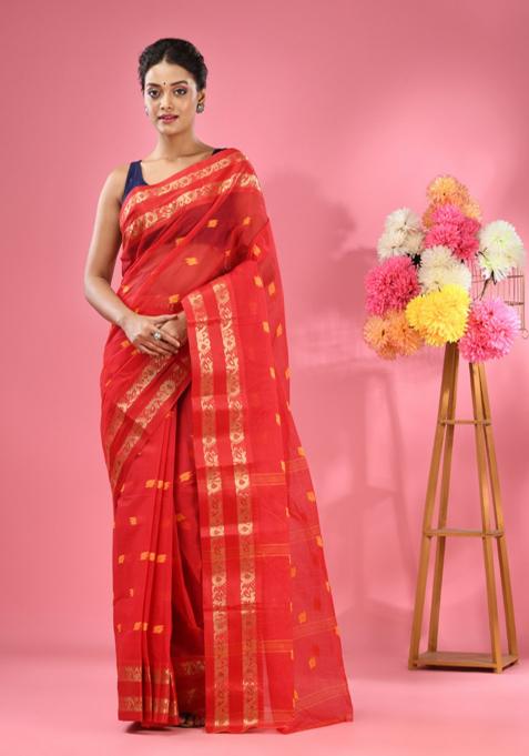 Red Woven Design Pure Cotton Saree Set