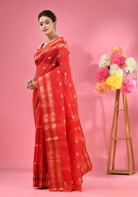 Red Woven Design Pure Cotton Saree Set