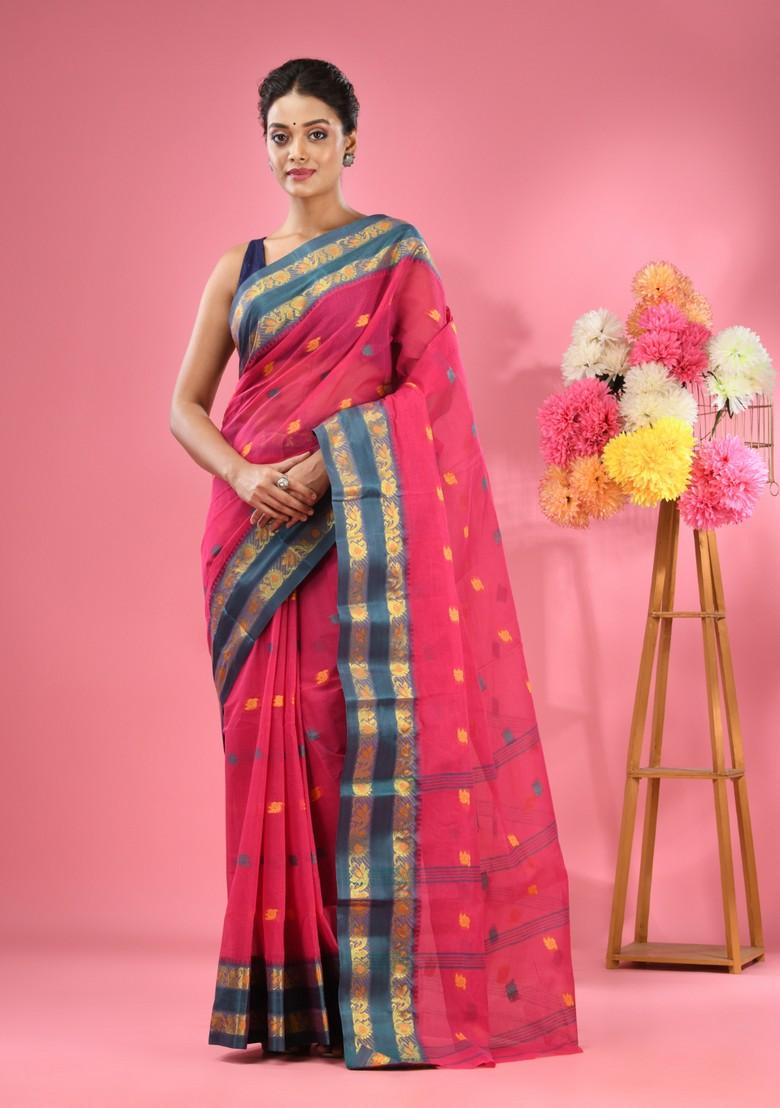 Rani Pink Woven Design Pure Cotton Saree Set