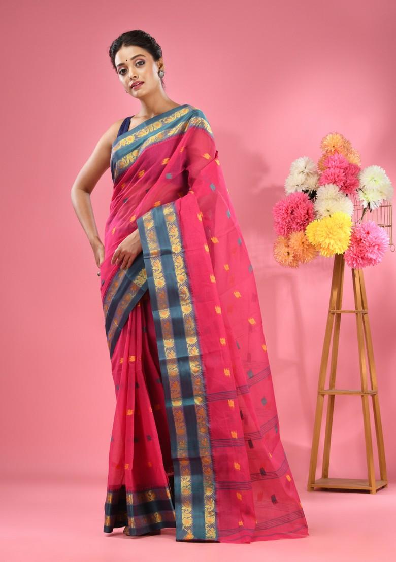 Rani Pink Woven Design Pure Cotton Saree Set
