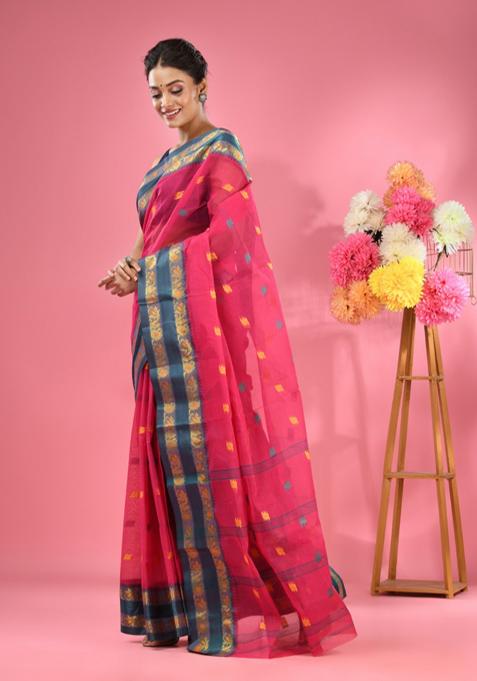 Rani Pink Woven Design Pure Cotton Saree Set