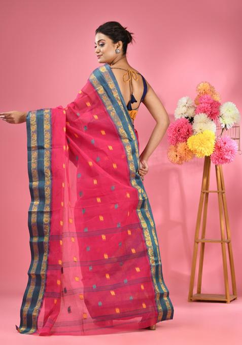 Rani Pink Woven Design Pure Cotton Saree Set