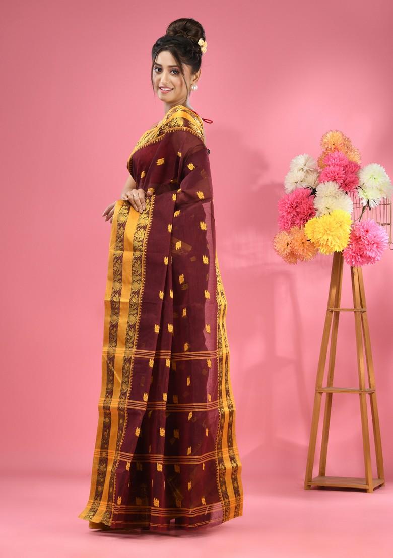 Dark Brown Woven Design Pure Cotton Saree Set