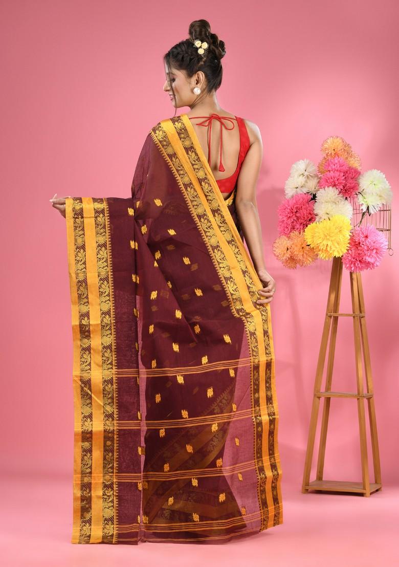 Dark Brown Woven Design Pure Cotton Saree Set