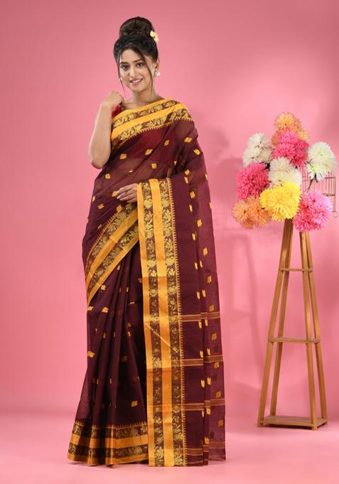 Dark Brown Woven Design Pure Cotton Saree Set