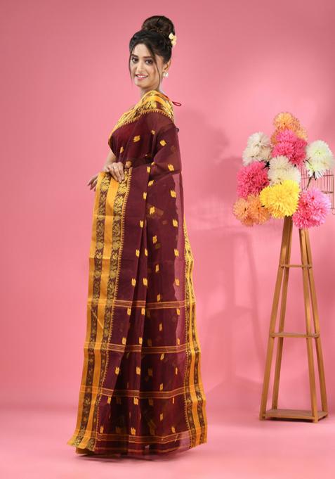 Dark Brown Woven Design Pure Cotton Saree Set