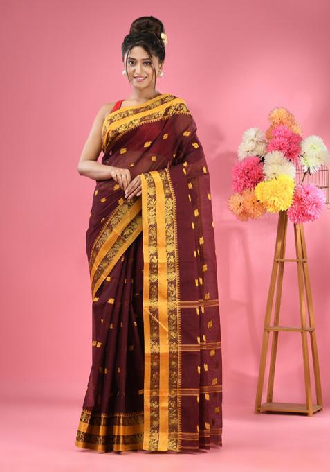 Dark Brown Woven Design Pure Cotton Saree Set